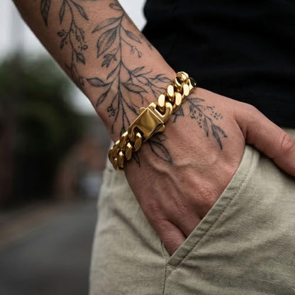Cuban Link Bracelet for Men&Women, 9/11/13mm Width 7.5/8.5 Inch Length, 18K Gold Plated Stainless Steel Miami Cuban Hand Chain Wrist Bracelets,No Tarnish& Durable Hip Hop Jewelry - color: Gold, size: W11mm-L7.5inches