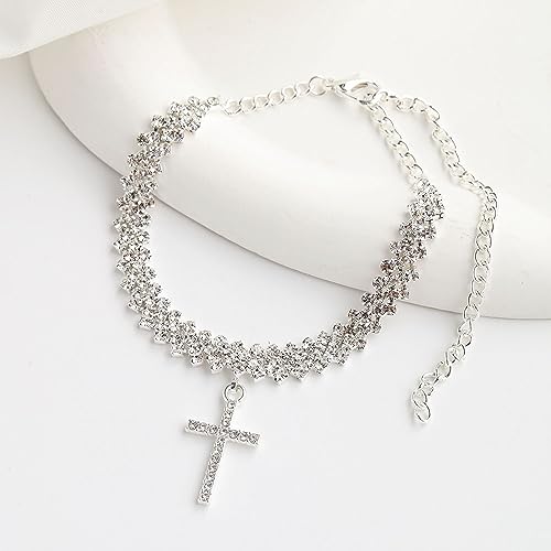 Sora Tuki Ankle Bracelets for Women Tennis Rhinestone Anklets for Women Butterfly Heart Star Cross Anklet Bracelet for Women Plus Size Anklet Bracelets for Big Ankle Beach Foot Jewelry - style: 4 - cross