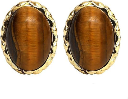 Gempires Bold Oval Gemstone Stud Earrings for Women – Natural Healing Stone Jewelry 14K Gold-Plated Hypoallergenic Tarnish-Resistant – Bold Statement Studs Gift for Her - style: Tiger Eye