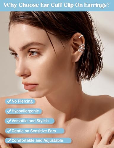 JeryWe 4 Pcs 925 Sterling Silver Ear Cuff for Women Non Piercing Adjustable Ear Cuff Earrings Clip On Cartilage Helix Wrap Ear Jewelry Set - color: Silver Plated