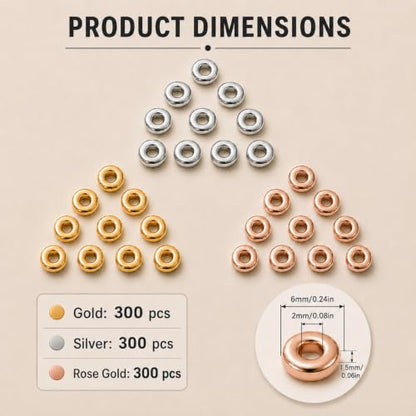 900 Pcs Spacer Beads for Jewelry Making, Gold Silver Rose Gold 6mm Plastic Rondelle Beads, Flat Disc Bead Spacers for Bracelets, Necklaces, Keychains, Beaded Pens