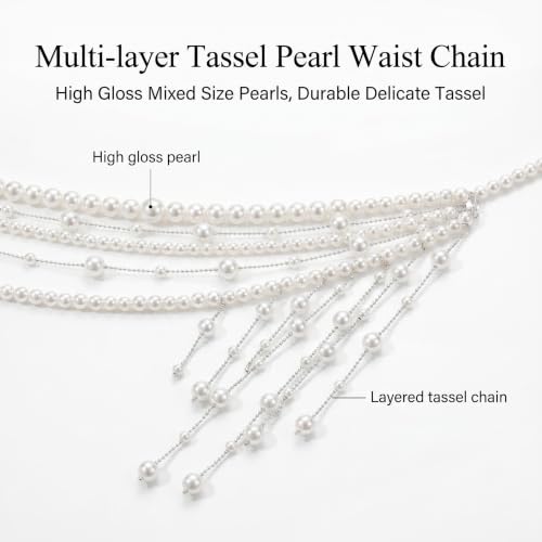 Pearl Tassel Wasit Chain for Women body chain Multi-layer White Pearl Tassel Belly Chain Belts for Women Long Tassel Pendant Layered Pearls Belt for Dresses Wedding Bridal Rave Body Jewelry Accessories
