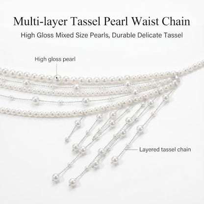 Pearl Tassel Wasit Chain for Women body chain Multi-layer White Pearl Tassel Belly Chain Belts for Women Long Tassel Pendant Layered Pearls Belt for Dresses Wedding Bridal Rave Body Jewelry Accessories