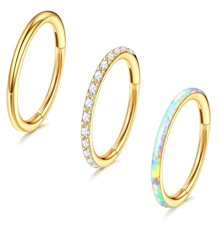 3pcs Nose Rings Hoops - 316L Surgical Steel Hinged Nose Hoops 16G/18G/20G CZ Clicker Septum Nose Ring Lip Helix Cartilage Hoop Earring Daith Rook Conch Body Piercing Jewelry for Women Men 8mm 10mm - color: Gold, size: 16 gauge(1.2mm)-10mm