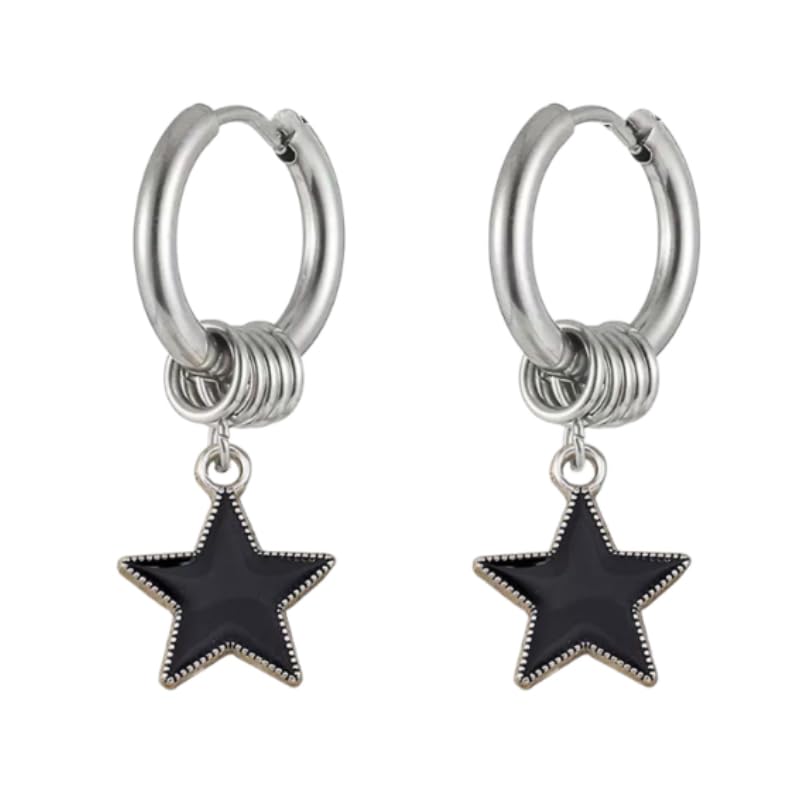 Y2K Black Star Dangle Hoop Earrings for Women Men | Silver Punk Ring Huggie, Edgy Gothic Star Charm, Streetwear Fashion