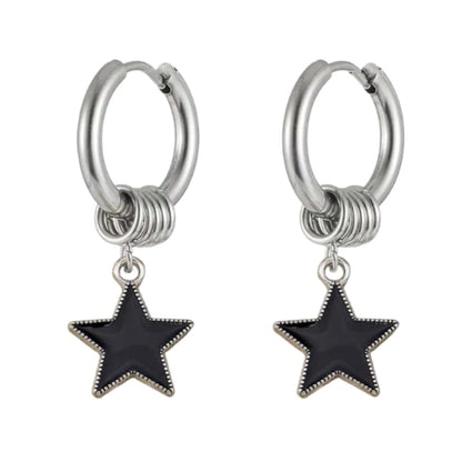 Y2K Black Star Dangle Hoop Earrings for Women Men | Silver Punk Ring Huggie, Edgy Gothic Star Charm, Streetwear Fashion