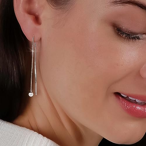 Threader Pearl Earrings for Women - Long Dangle with Simulated Pearls | Plated in Gold Tone or Silver Tone - color: Single Simulated Pearl - 925 Sterling Silver Plated