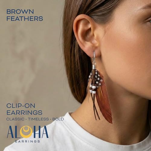 Aloha Earrings-Clip On Real Feather Earrings-Dangle Clip On Earrings Tassel Long Clip Earrings Bohemian - color: Brown Feathers
