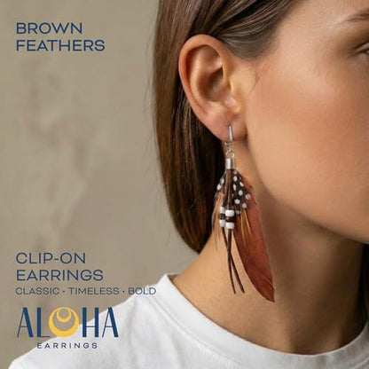 Aloha Earrings-Clip On Real Feather Earrings-Dangle Clip On Earrings Tassel Long Clip Earrings Bohemian - color: Brown Feathers