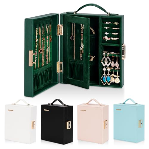 Portable Travel Jewelry Case: Jewelry Box with Lock and Mirror | Quality PU Leather & Velvet Lined Jewelry Organizer - Large Capacity for Ring Earring Large Necklaces - Birthday Gift for Her - color: Dark Green