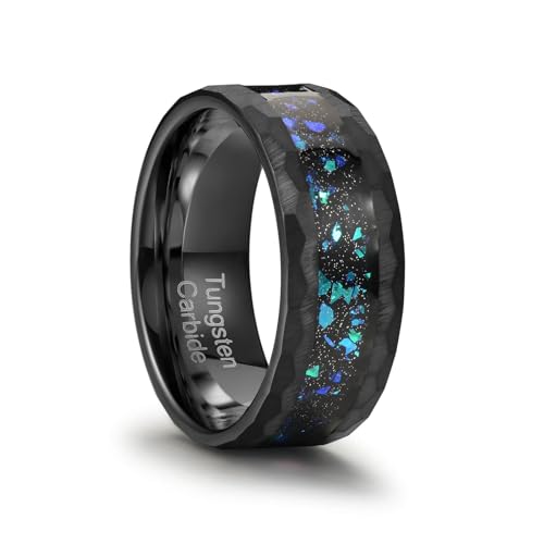 8mm Men's Tungsten Carbide Ring Gold/Black Hammered Meteorite Shavings Gold Foil Inlay Galaxy Nebula Green Opal Engagement Wedding Ring Matte Finish Comfortable Fit - color: 8mm black tungsten