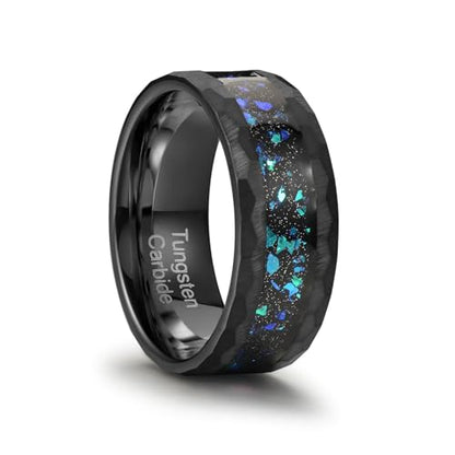8mm Men's Tungsten Carbide Ring Gold/Black Hammered Meteorite Shavings Gold Foil Inlay Galaxy Nebula Green Opal Engagement Wedding Ring Matte Finish Comfortable Fit - color: 8mm black tungsten