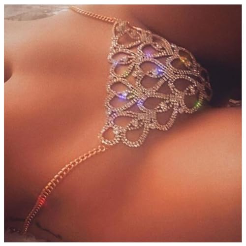 Women Sexy Rhinestone Waist Body Chain Bikini Thong Panties Crystal Body Chain Jewelry (Gold) - color: Heart