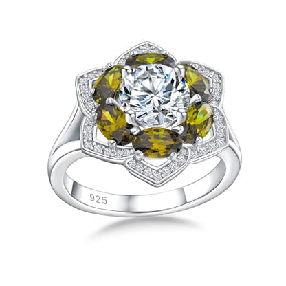 Flower Cocktail Ring for Women Stone Engagement Anniversary Rings | Sterling Silve|Hypoallergenic|Ruby|Sapphire|Emerald|Wedding and Birthday Party Women Statement Ring|Mother and Grandma Gift - color: Peridot (Aug.)