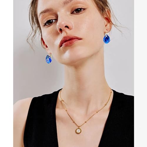 14K Gold Teardrop Crystal Leverback Earrings Sparkly Rhinestone Water Droplet Dangle Drop Earrings For Women - color: Royal Blue