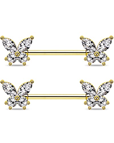 Butterfly Nipple Rings for Women 14G Nipple Piercing Jewelry Gold Nipple Ring Surgical Steel Nipple Shield CZ Nipple Barbell Body Piercing Jewelry for Women - color: Gold