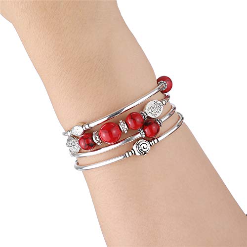 Beaded Pearl Bangle Wrap Bracelet - Fashion Bohemian Jewelry Multilayer Charm Bracelet with Thick Silver Metal Beads, Gift For Women - color: 13-Red