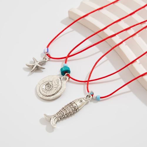 Fish Necklace for Women Handmade Beaded Y Pendant Necklace Colorful Summer Beach Boho Layering Choker Necklaces - color: Silve