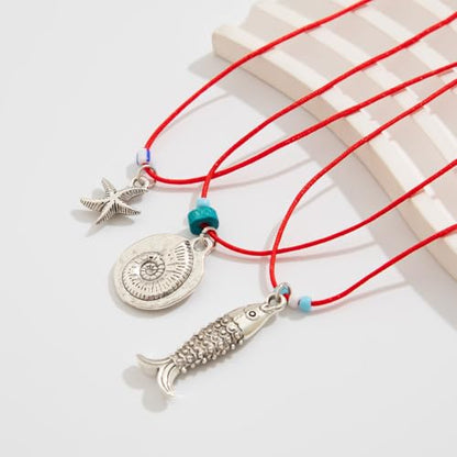 Fish Necklace for Women Handmade Beaded Y Pendant Necklace Colorful Summer Beach Boho Layering Choker Necklaces - color: Silve