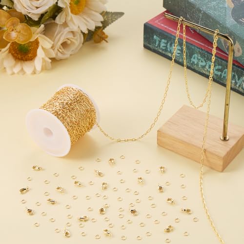 Jabogrii 32.8 Feet Gold Plated Brass Paperclip Oval Link Jewelry Chain Roll | Handmade Permanent Necklace Bracelet DIY Craft Chain Bulk for Jewelry Making - color: Paperclip Gold