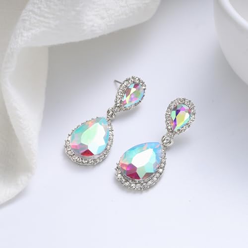 EVER FAITH Women's Austrian Crystal Wedding Tear Drop Dangle Earrings | Bridal Prom Jewelry for Bride Bridesmaid - color: Iridescent AB Silver-Plated-Base