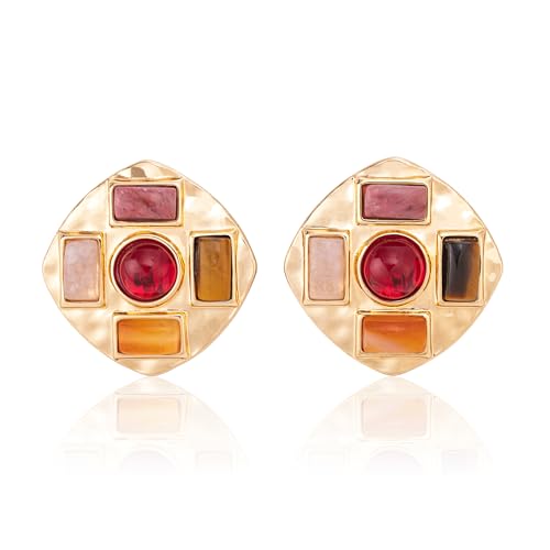 Geometric Large Stud Statement Earrings, Gold Tone Square Stud with Multi-Color Gemstone Design, Fashion Jewelry for Women - color: Red