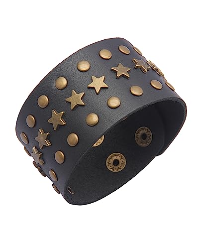 Jeilwiy Punk Leather Wristbands for Men Bracelets Handmade Wide Cuff Bangle Braided Jewelry Black Brown Adjustable - Punk Father's Gifts - color: Star Leather Bracelet