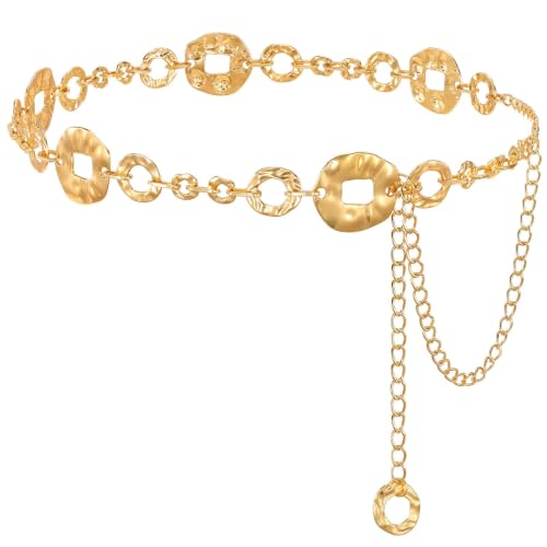 WHIPPY Metal Waist Chain Belt Women Adjustable Body Link Belts Ladies Fashion Chain for Jeans Dress - color: Gold, size: S: Fit for Waist up to 28", style: Disc