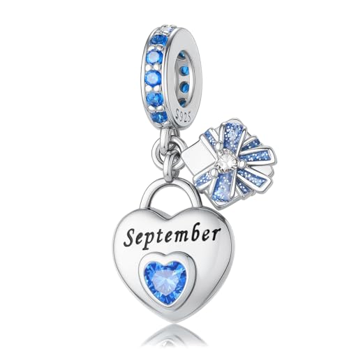 HappyStar 925 Sterling Silver Happy Birthday Bead Charm Love Heart Shape Birthstone Charms for Bracelets Dangle Pendant with 5A Cubic Zirconia Compatible Pandora Bracelets Jewelry Gift for Women - color: 9-September Birthstone Charms