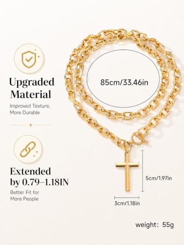 Chunky Gold Cross Necklace for Women Layered Necklace Retro Big Gold Cross Pendant Necklace Statement Chunky Chain Choker Necklaces Thick OT Buckle Chain Long Necklace Jewelry - style: Style1-gold