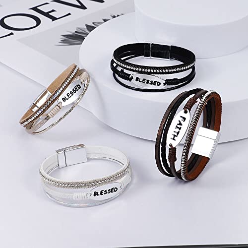 Bohemian Faux Leather Wrap Multi Layer Statement Bracelet Cross Christian Religious Leatherette Cuff Crystal Rhinestone Metallic Bead Inspirational Bracelets - color: F