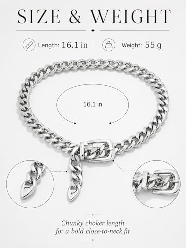 Cuban Link Chain Necklace Punk Belt Buckle Shaped Chunky Choker Necklace Statement Thick Chain Necklace Jewelry Gifts for Women Men - color: Style1-silver