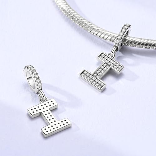 Hapour Letter 925 Sterling Silver Charm with Cubic Zirconia Alphabet A-Z Initial Dangle Charms Beads Pendent DIY Jewelry for Bracelets Necklace - color: I