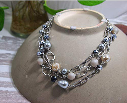 Multi Strand layered Frosted Multi Layer Mother of Pearl Statement Chunky Pastel Pearl Necklace June Birthday Gift - style: Stainless Steel