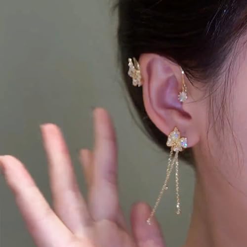 Butterfly Ear Cuff Earrings Sparkly Silver Butterfly Flower Tassle Ear Wrap Earrings Fairy Right Left No Piercing Ear Clip On - color: Gold
