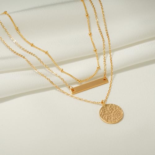 Fettero Pendant Necklace Gold Choker Layered Coin Open Karma Circle Full New Crescent Moon 14K Gold Plated Simple Dainty Necklaces for Women Jewelry Gift - style: Bar & Coin / 3 Layer