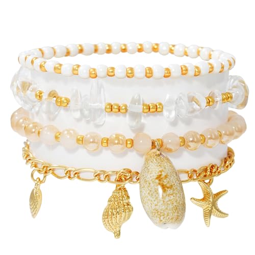 LALAPPLE Shell Bracelet Boho Beaded Stretch Bracelets for Women Seashell Strand Bracelets Starfish Charm Jewelry Summer Beach Jewelry Stackable Crystal Gold Plated Beads Bracelet for Women - style: T-Style3
