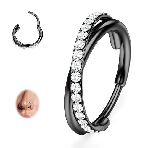 316L Stainless Steel 5A CZ Nose Rings Hoops Conch Helix Piercing Jewelry | Cartilage Earrings Tragus Rook Daith Piercing Jewelry, Septum Clicker Silver/Black/14K Gold Plated, 6-12mm, 16G/18G/20G - color: Black, Duo Hoop, 20G, size: 20g(0.8mm)-8mm-TopPick