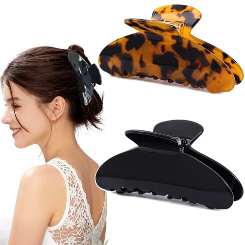 2 Pack Acetate Hair Claw Clips for Women Tortoise Shell 4 Inch Large Claw Hair Clips for Thin to Thick Hair - color: Black+Dark Tortoise