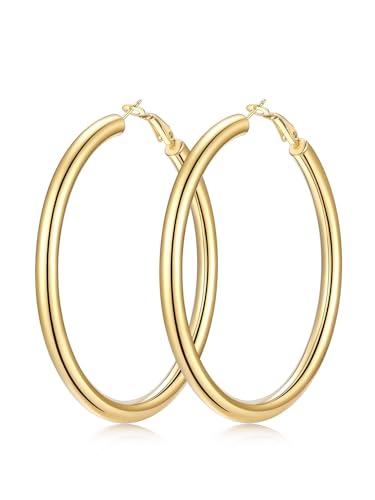 FaithHeart Silver/Black/Gold Stainless Steel Chunky Hoop Earrings for Women | Hypoallergenic Lightweight Hoop Earrings, Trendy Statement Thick Hoop, 20/30/40/50/60/70/80mm - color: Gold, size: 70mm