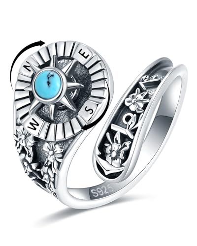 S925-Sterling-Silver Abalone Dragonfly-Turquoise Spoon Ring - Vintage Boho Sunflower Thumb Oxidized Wrap Rings Victorian Style Antique Floral Jewelry Gifts for Women - color: Compass Spoon Ring