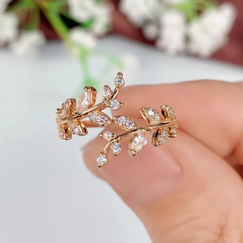 Olive Leaf Rings for Women, Spiritual Meditation Jewelry with Energy Flow Design, 18K Gold Plated Japanese Brass and Asfour Crystal Vine Ring, Symbol of Balance & Inner Harmony - color: gold+silver