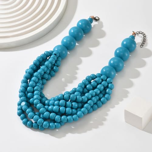 Handmade Layered Wood Bead Necklace for Women - Chunky African Statement Necklace, Natural Khaki Beaded Jewelry, Hypoallergenic & Skin-Safe for Sensitive Skin, Boho Rainbow Inspired Chunky Collar Necklace - color: Blue