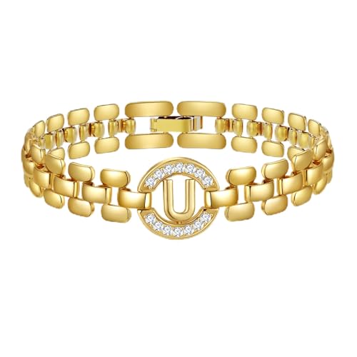 WEDDINEN Initial Bracelets for Women, 14K Gold Plated Letter A-Z Bracelets with Diamonds,Thick Chain Bracelet for Women trendy Jewelry Gifts - color: Gold-U