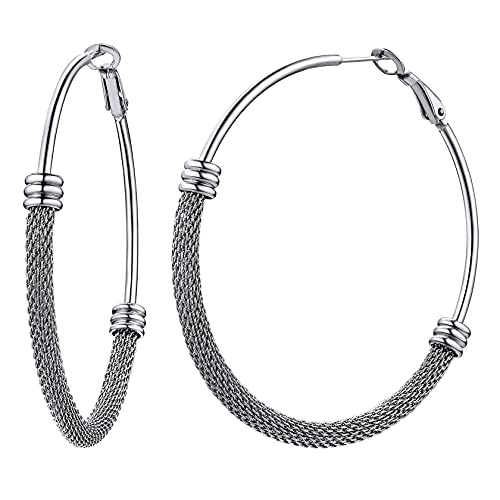 ChainsHouse 30/40/60/80mm Hoop Earrings for Women,Chunky Earrings in 18K Gold Plated/Silver/Black,Minimalist Jewelry Round Tube Hoops Fits Sensitive Ears|Hypoallergenic&Waterproof,with Gift Box - color: B:steel-mesh tube, size: 60MM