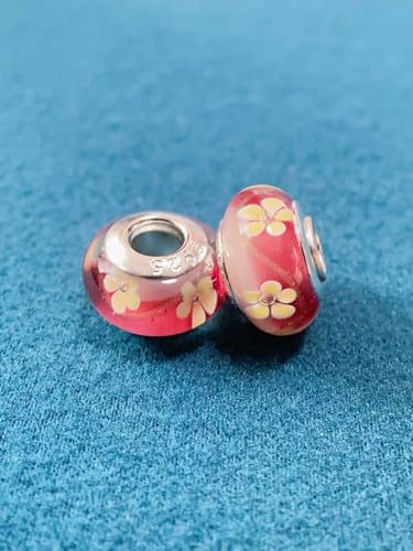 2pcs Authentic 925 Silver Murano Glass Flower Charms for Pandora Bracelets - color: 04-Red & Yellow flowers
