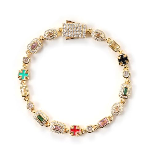 Lulu Mel 6mm Colorful Zirconia Cross Bracelet, Gold Plated Tennis Chain Geometric Gemstone Diamond Bracelet Trendy Charm Jewelry for Women Men - color: Gold, size: 7 Inches