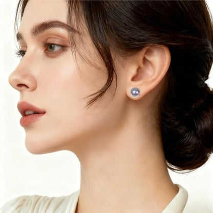Grey Faux Pearl Stud Earrings, S925 Silver Posts Hypoallergenic for Women - color: Pinkish Grey, size: 12mm