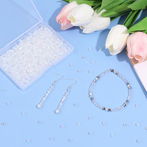 1000Pcs 4mm Faceted Crystal Glass Bicone Beads Loose Bead for DIY Bracelet Necklace Earring Keychain Jewelry Making,Transparent - color: Transparent