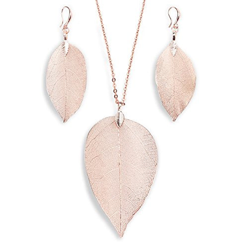 Filigree Long Leaf Pendant Dangle Necklace and Earring Jewelry Set | Beautiful Fashion Delicate Long Leaf Necklace Earrings For Women Trendy Boho - color: C-Rose Gold Jewelry Set